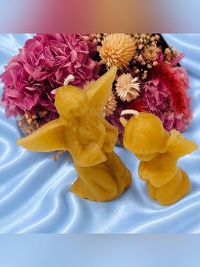 2 Fine Art Beeswax Wax Candles Praying Angel Cupid Cherub Vintage Antique PAIR